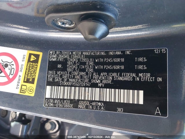 Toyota Highlander Xle V6 2016 5TDKKRFH5GS128147 Image 9