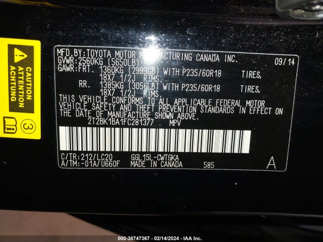 2015 LEXUS RX 350 VIN: 2T2BK1BA1FC281377