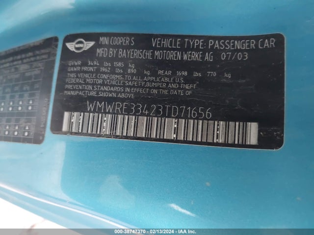 2003 MINI COOPER S WMWRE33423TD71656 Photo 8