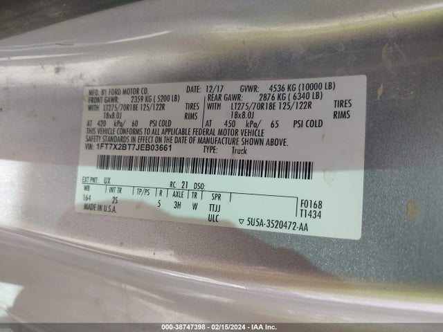 2018 FORD F-250 XLT VIN: 1FT7X2BT7JEB03661