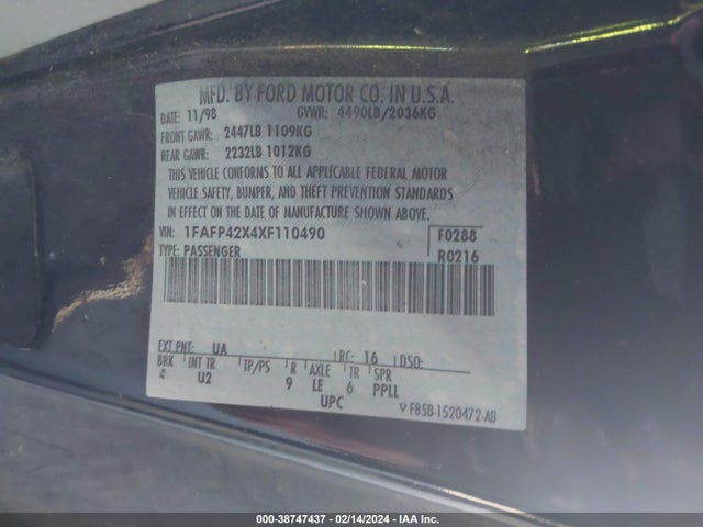 1999 FORD MUSTANG GT VIN: 1FAFP42X4XF110490