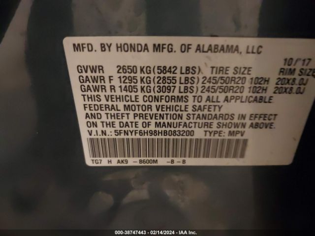 5FNYF6H98HB083200 Honda Pilot Touring