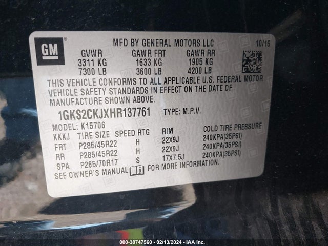 GMC YUKON DENALI 2017 1GKS2CKJXHR137761 Image 9