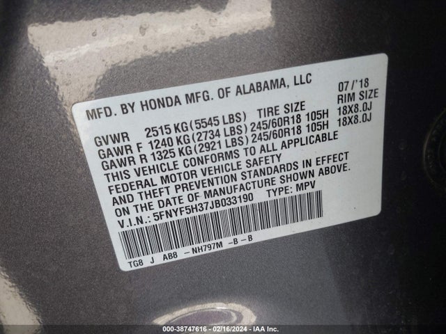 Honda Pilot Ex 2018 5FNYF5H37JB033190 Image 9