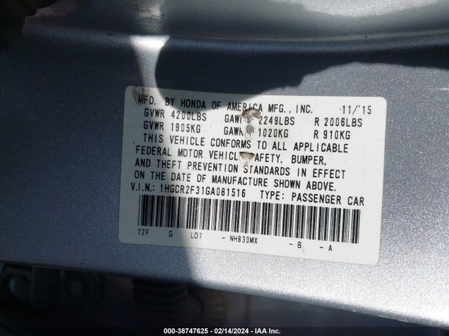 Honda ACCORD LX 2016 1HGCR2F31GA081516 Image 9