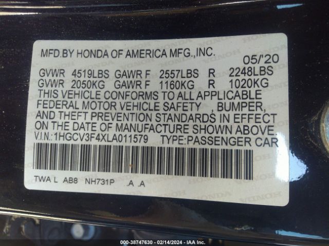1HGCV3F4XLA011579 Honda Accord Hybrid Ex