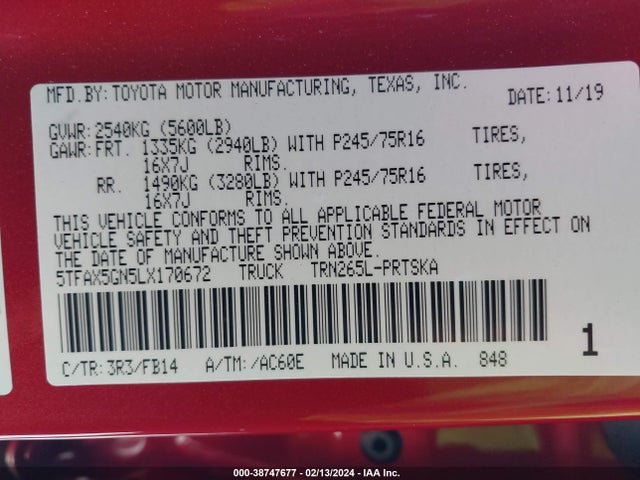 Toyota Tacoma Sr 2020 5TFAX5GN5LX170672 Image 9