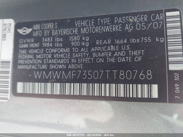 2007 MINI COOPER S WMWMF73507TT80768 Photo 8