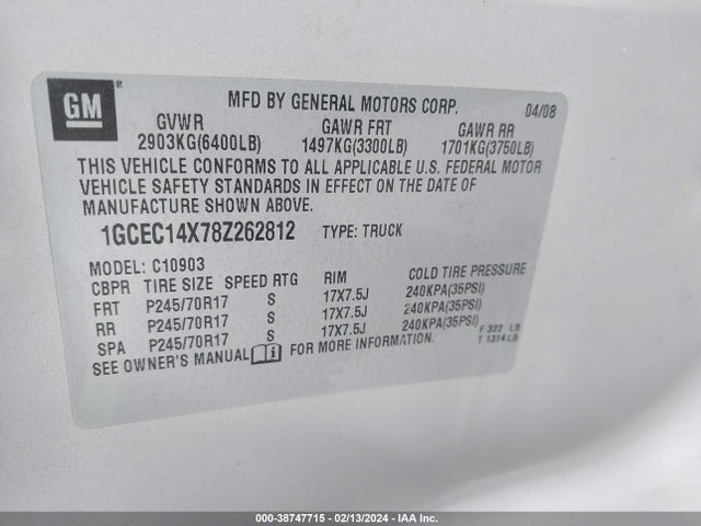 2008 CHEVROLET SILVERADO 1500 WORK TRUCK VIN: 1GCEC14X78Z262812