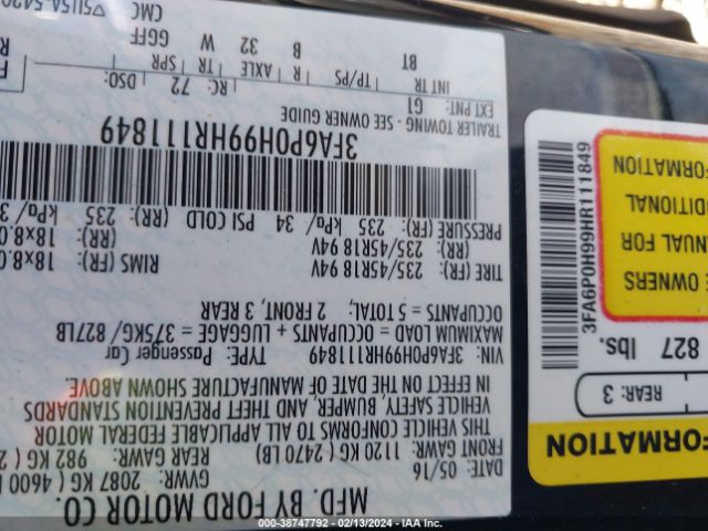 3FA6P0H99HR111849 Ford FUSION SE