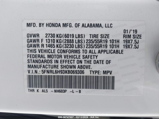 5FNRL6H93KB069306 Honda Odyssey Elite