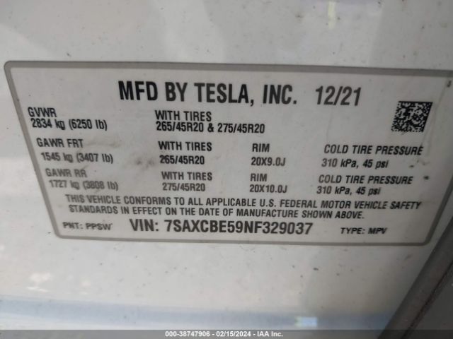 7SAXCBE59NF329037 Tesla Model X Dual Motor All-wheel Drive