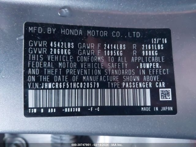 JHMCR6F51HC020579 Honda Accord Hybrid Ex-l