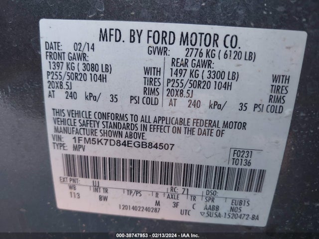 Ford EXPLORER XLT 2014 1FM5K7D84EGB84507 Image 9