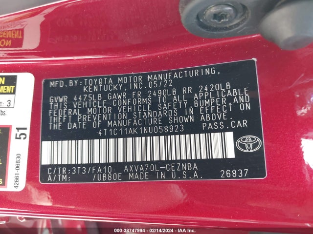 Toyota CAMRY LE 2022 4T1C11AK1NU058923 Image 9