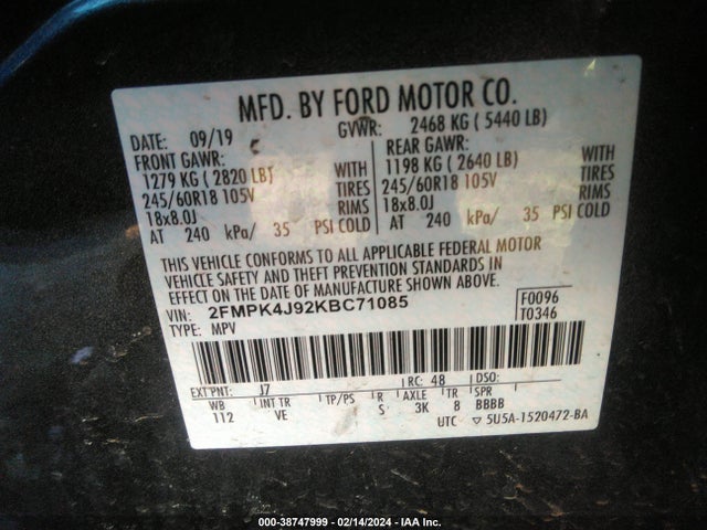 Ford EDGE SEL 2019 2FMPK4J92KBC71085 Image 9