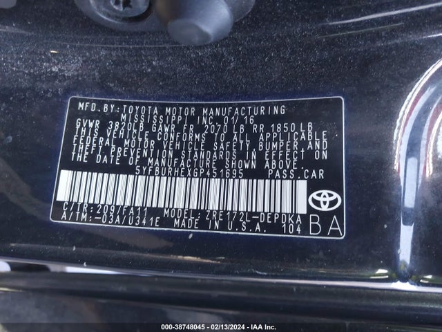 Toyota COROLLA L 2016 5YFBURHEXGP451695 Image 9