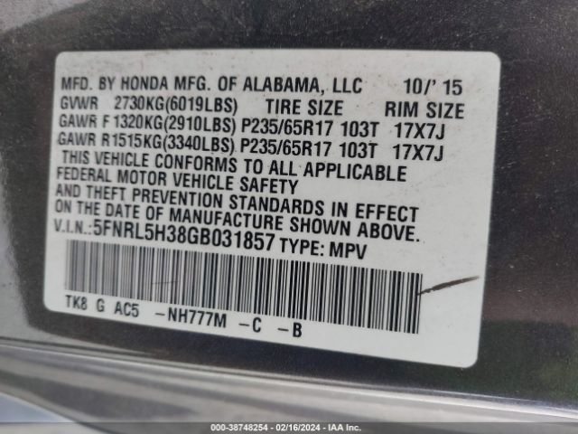 5FNRL5H38GB031857 Honda ODYSSEY SE