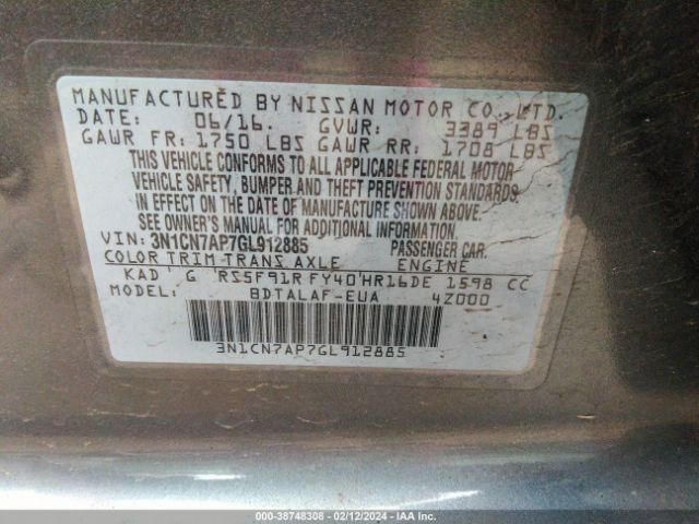 3N1CN7AP7GL912885 Nissan Versa 1.6 S