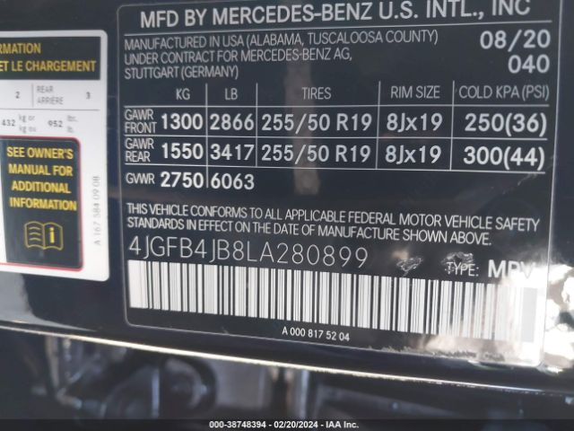 4JGFB4JB8LA280899 Mercedes-Benz GLE 350