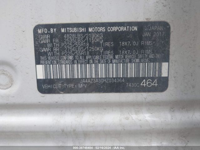 JA4AZ3A30HZ034364 Mitsubishi Outlander Se/sel