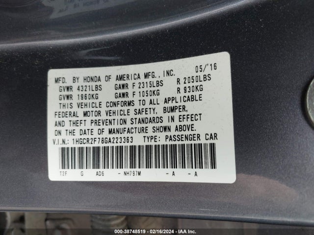 Honda ACCORD EX 2016 1HGCR2F78GA223363 Image 9