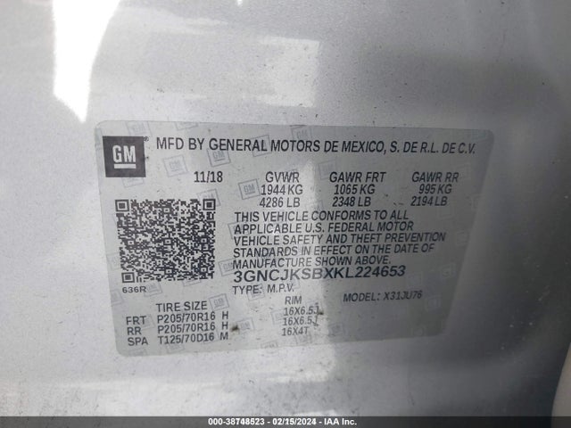Chevrolet TRAX LS 2019 3GNCJKSBXKL224653 Image 9