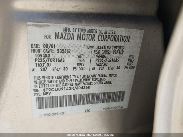 2002 MAZDA TRIBUTE ES V6/LX V6 VIN: 4F2CU09142KM04360
