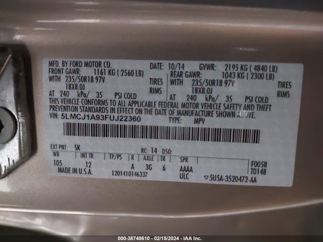 Lincoln MKC 2015 5LMCJ1A93FUJ22360 Image 9