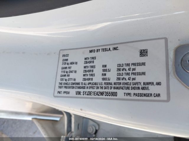 5YJ3E1EA2NF355900 Tesla Model 3 Rear-wheel Drive