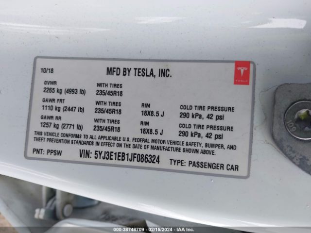 5YJ3E1EB1JF086324 Tesla Model 3 Long Range/performance