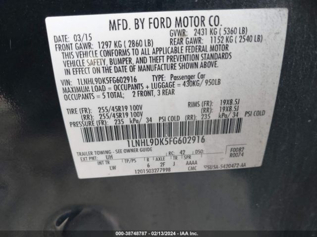 1LNHL9DK5FG602916 Lincoln MKS