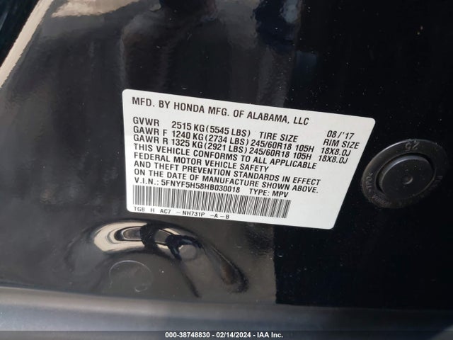 Honda Pilot Ex-l 2017 5FNYF5H58HB030018 Image 9