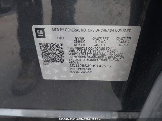 Chevrolet IMPALA 2LZ 2018 2G1125S39J9142575 Image 9