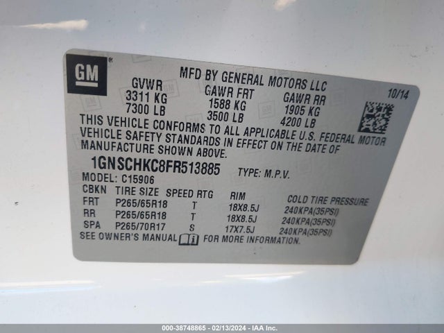 Chevrolet Suburban 1500 Ls 2015 1GNSCHKC8FR513885 Image 9