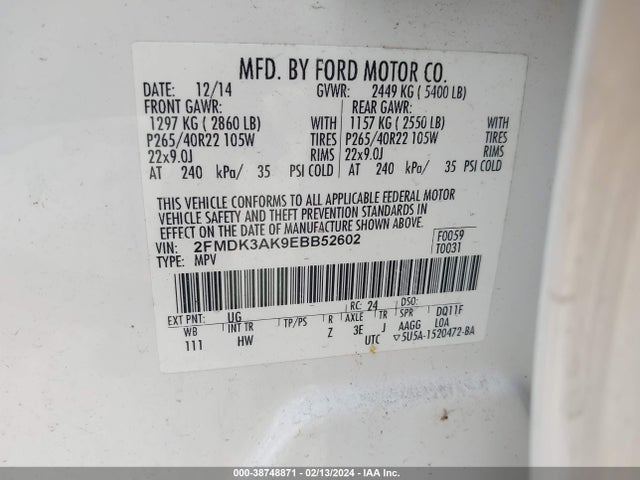 Ford EDGE SPORT 2014 2FMDK3AK9EBB52602 Image 9