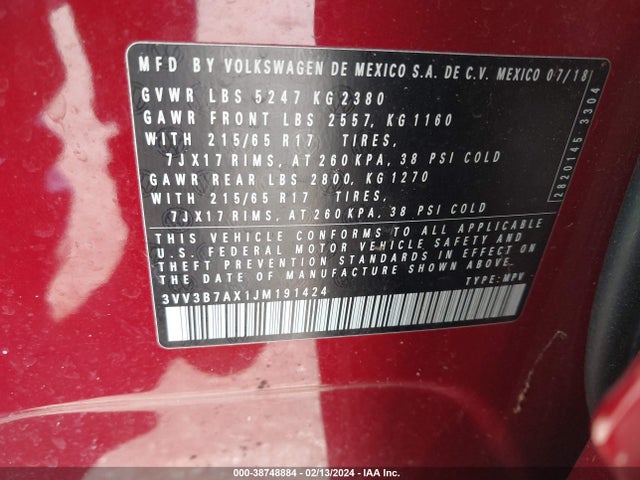 Volkswagen Tiguan 2018 3VV3B7AX1JM191424 Image 9