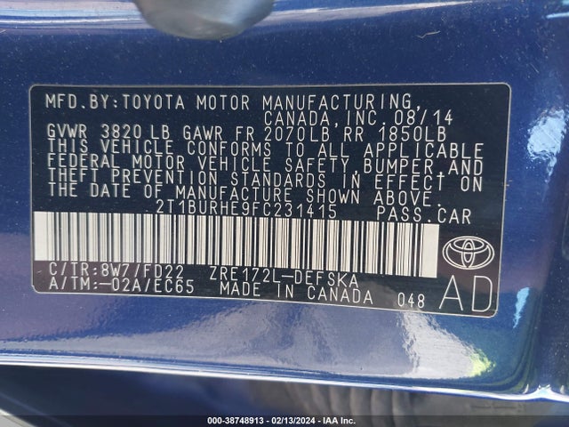 2015 TOYOTA COROLLA S PLUS VIN: 2T1BURHE9FC231415