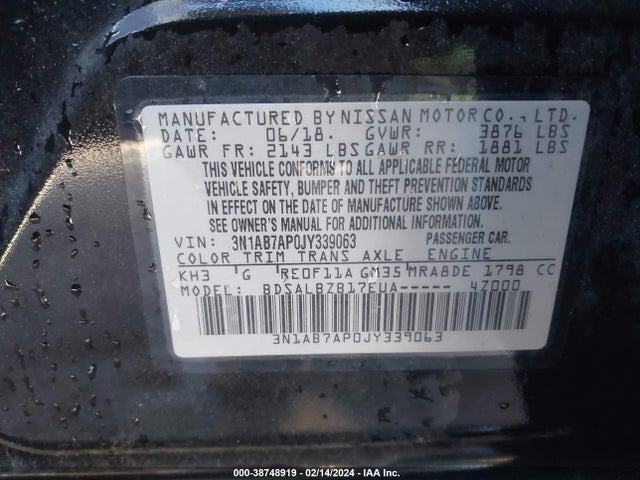 2018 NISSAN SENTRA S VIN: 3N1AB7AP0JY339063