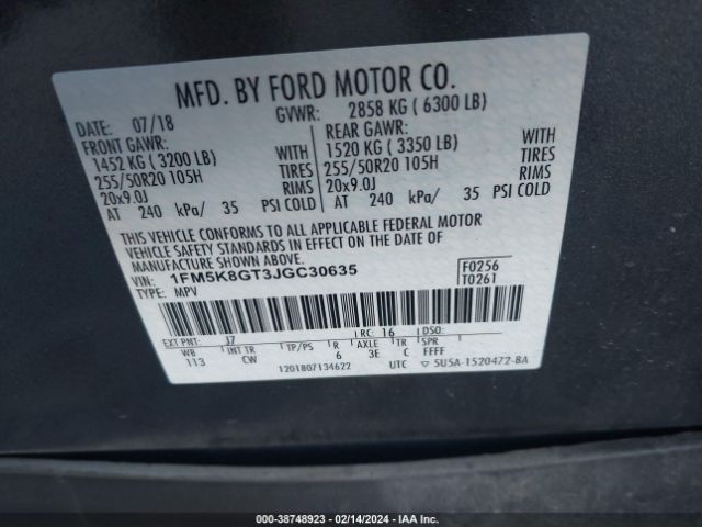 1FM5K8GT3JGC30635 Ford EXPLORER SPORT