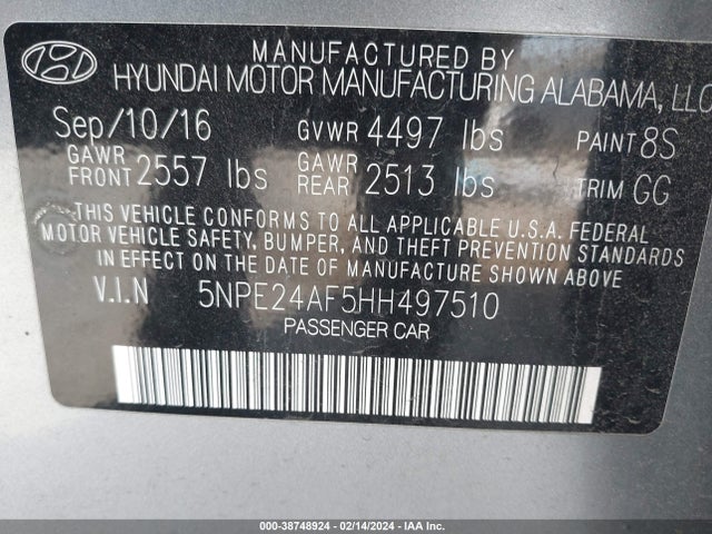 Hyundai Sonata 2017 5NPE24AF5HH497510 Image 9