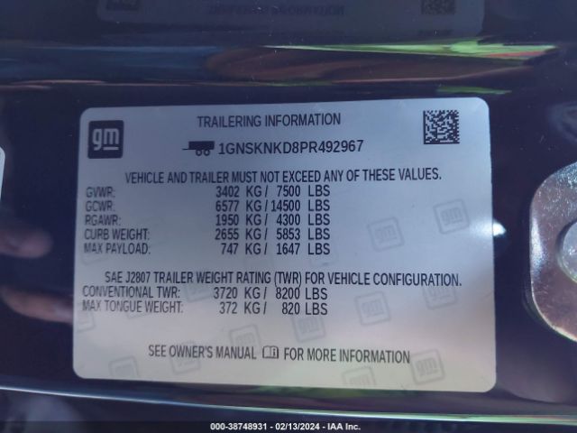 1GNSKNKD8PR492967 Chevrolet Tahoe 4wd Lt