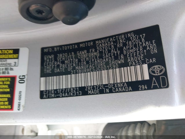 2018 TOYOTA COROLLA LE VIN: 2T1BURHE5JC001590