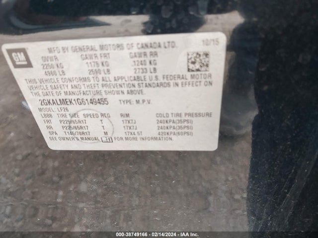 GMC Terrain Sle-1 2016 2GKALMEK1G6149455 Image 9