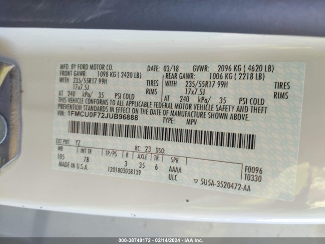 Ford ESCAPE S 2018 1FMCU0F72JUB96888 Image 9