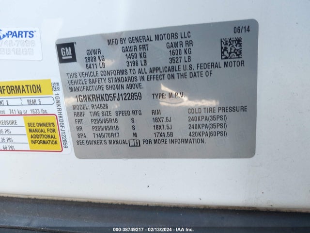 Chevrolet Traverse 2lt 2015 1GNKRHKD5FJ122859 Image 9