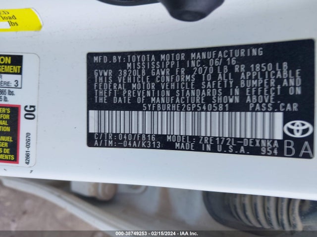 Toyota COROLLA LE 2016 5YFBURHE2GP540581 Image 9