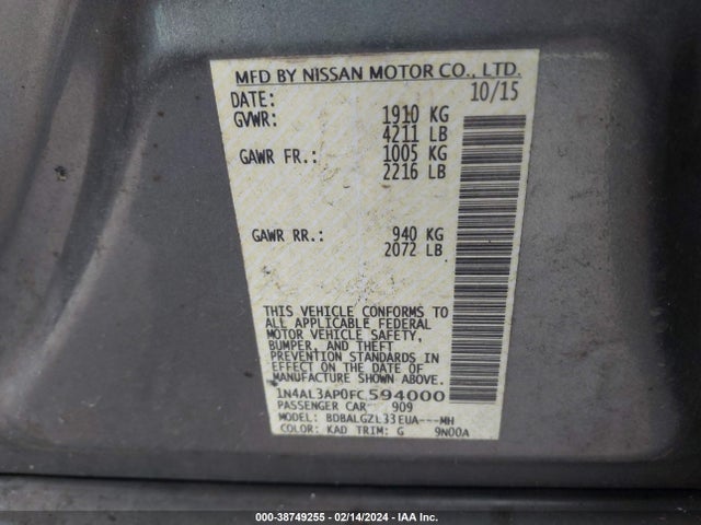 Nissan Altima 2.5 S 2015 1N4AL3AP0FC594000 Image 9