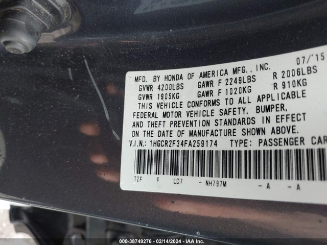 Honda ACCORD LX 2015 1HGCR2F34FA259174 Image 9