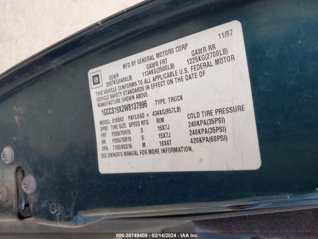 1998 CHEVROLET S-10 LS FLEETSIDE VIN: 1GCCS19X2W8137996